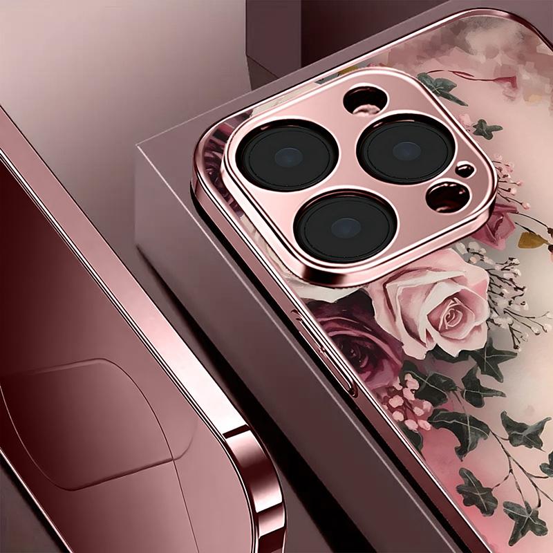 Luxury Rose Pattern Pink Metallic Tempered Glass Phone Case For iPhone 17 16 15 14 13 12 11 Pro Max 15 Plus 17 Air 16E Cover