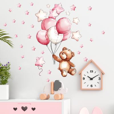 Sticker Mural Auto-Adhésif Étoiles Roses Ballons Oursons Mignons pour Chambre d'Enfant Maternelle Décoration de Crèche