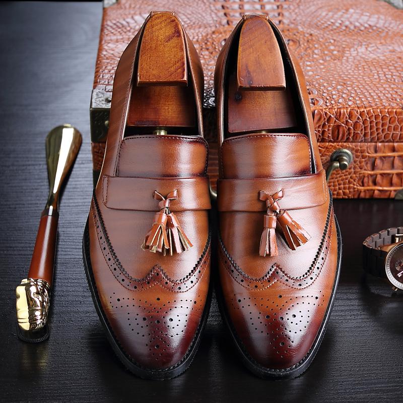Fashion Men Leather Dress Shoes Design Brand Shoes Classic Tassel Brogue Mans Footwear Formal Shoes Bullock Shoes Big Size 37-48