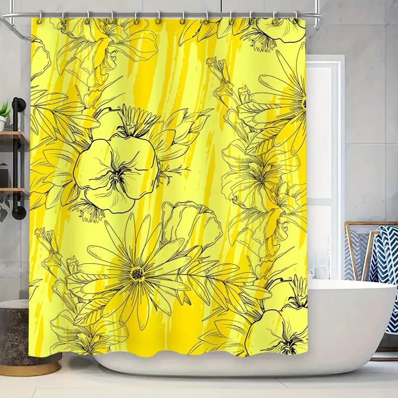 Hand-drawn floral shower curtain yellow color with black flowers for bathroom decoration waterproof fabric material W90xH180cm