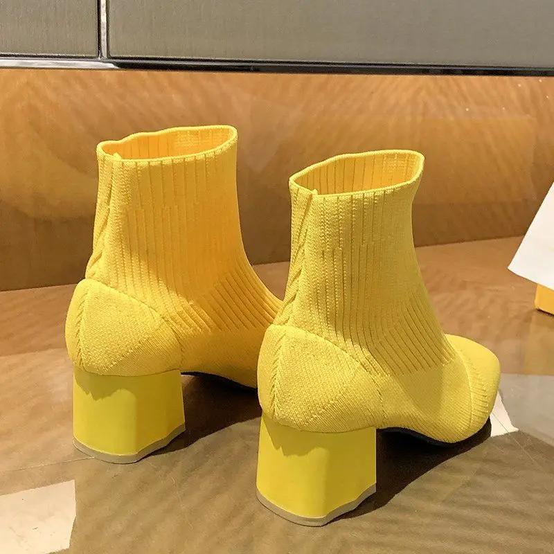 Fashion Booties Knit Elastic Elegant With Medium Heels Women's Ankle Boots Yellow Chic High Quality New In Hot Sale Female Short Shoes