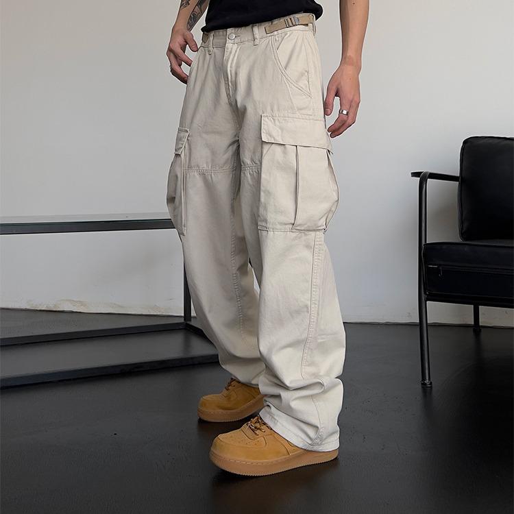 

Unisex High Waist Streetwear Cargo Pants with Big Pockets - Loose Straight Leg Hiphop Style M абрикосовий