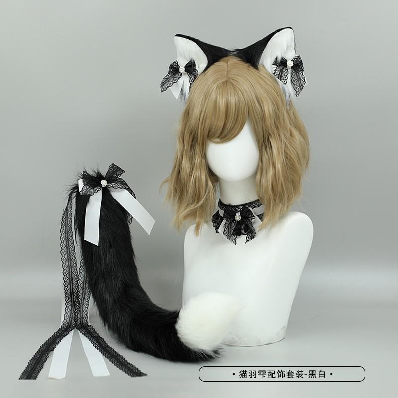 Süßes Katzenohren-Stirnband mit Schwanz Spitzen-Schleifen-Kragen Set Lolita Cosplay Kostüm Zubehör