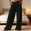 Damen Hose Hohe Taille Gerade Weiter Bein Lange Hose mit Elastischem Bund Tiefe Taschen Knitterarm Casual Hose