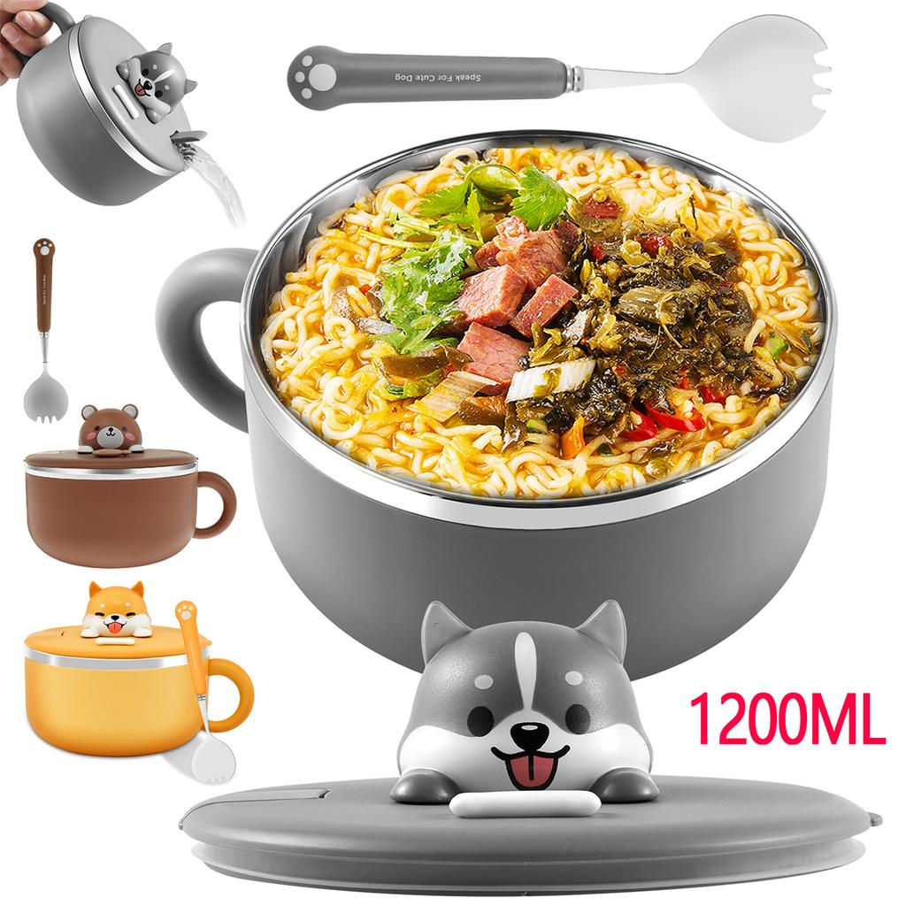 Rustfri stålbolle med lokk 1200ml Instantnudler Lekkasjesikker Bærbar Ramen-lagerskål Kjøkkenredskaper Instantnudelpartner