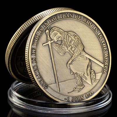 Všechno mohu v Kristu, který mě posiluje. Antické bronzově pokovené pamětní mince s klečícím templářským rytířem a Filipským 4:15 Honor Coin