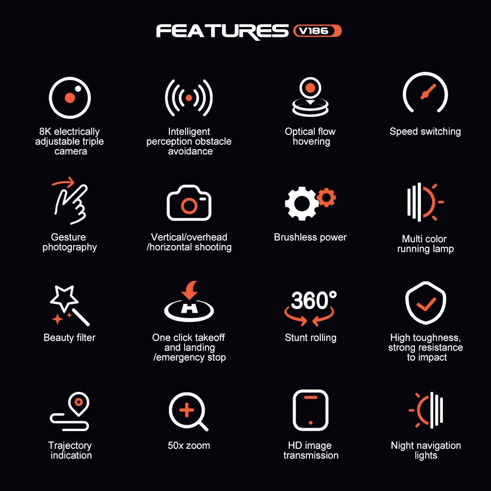 V186 Foldable 8K HD Drone with Three Cameras & Obstacle Avoidance