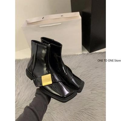 Moda 2025 Damskie Botki do Kostki Projektant Kwadratowy Nosek Skórzane Buty Nowe Grube Obcasy Zamek Błyskawiczny Marka Fad Motocyklowe Goth Śniegowce Botas De Mujer