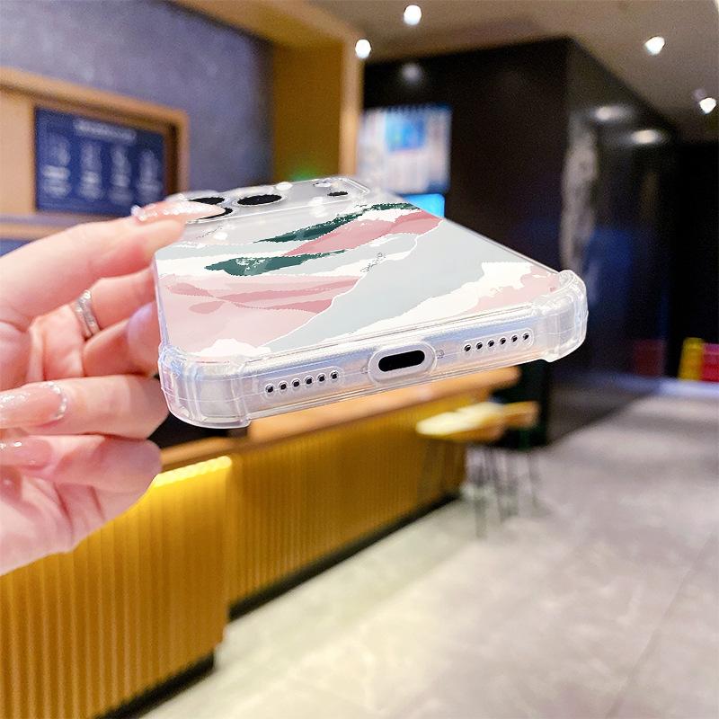 Batch Art Pink Green Snow Mountain Illustration Apple 14promax Transparent Mobile Phone Case Four Corners Anti-drop Protective Case