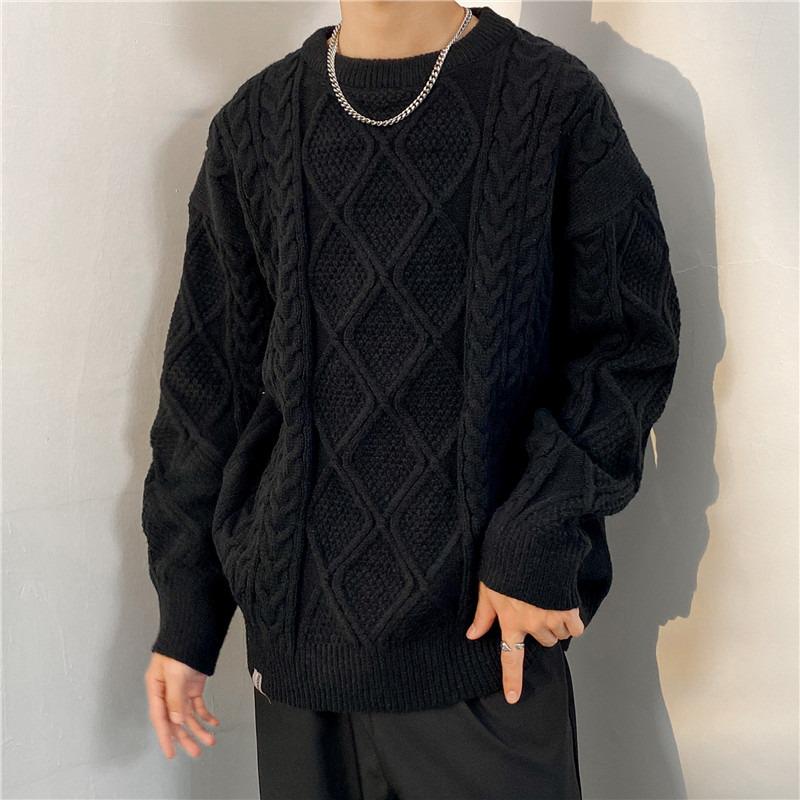 Men's Casual Loose Fit Cable Knit Sweater - Black Autumn/Winter