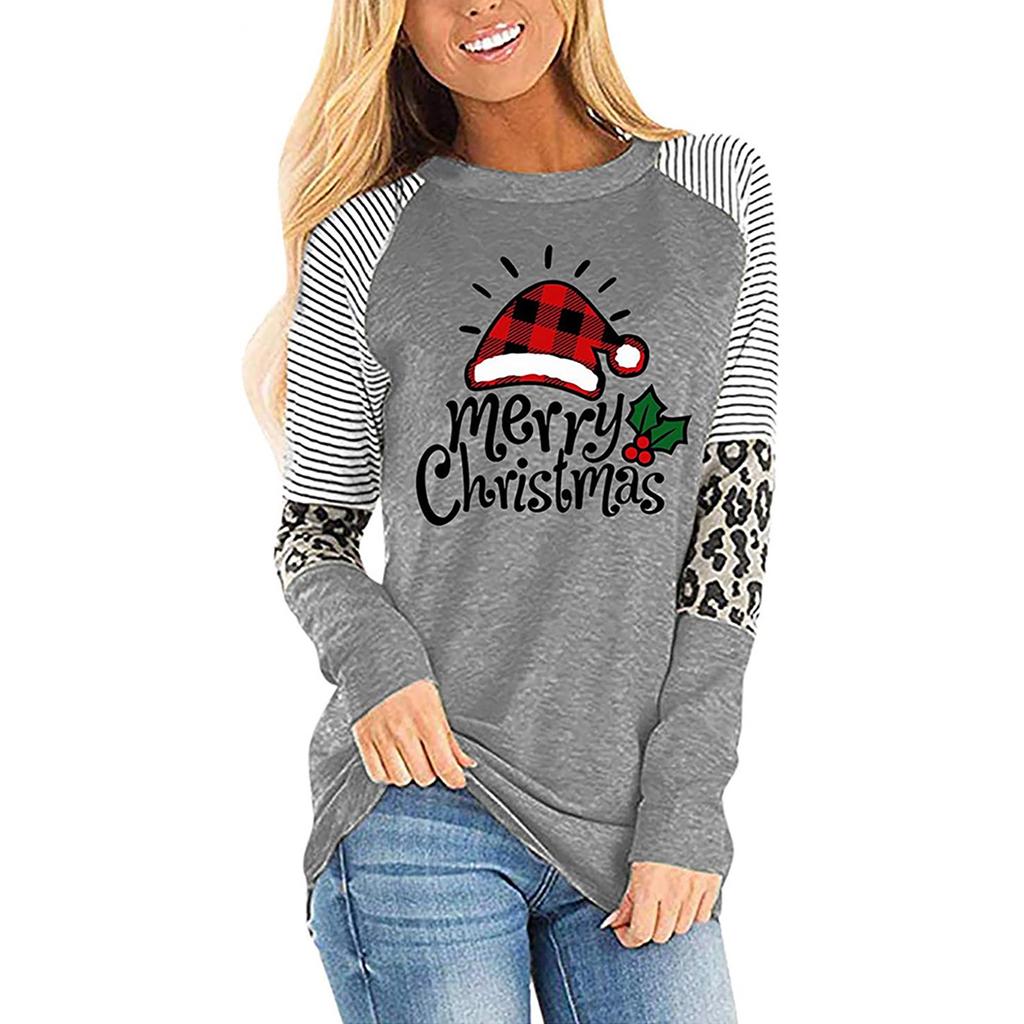 Women's Fashion Christmas Print Splicing Long Sleeve Round Neck Loose Tops
