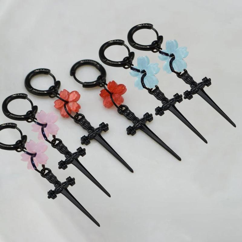 Punk Black Sakura Blade Earrings Gothic Cherry Blossom Sword Pendant Small Hoop Earrings Japanese Jewelry