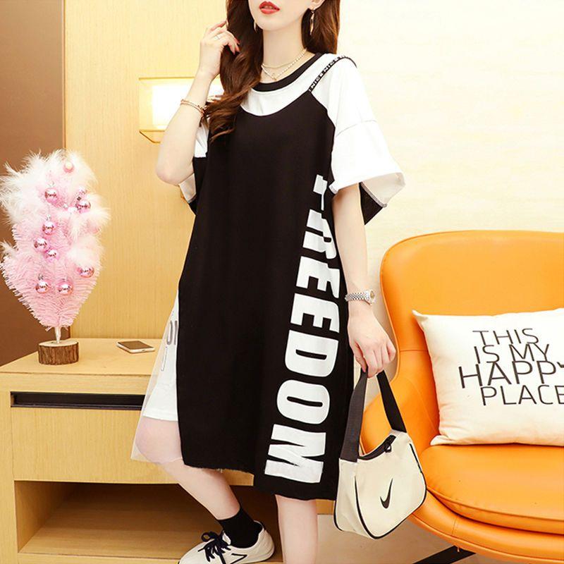 

Женская футболка с короткими рукавами, юбка, поддельный кружевной топ из двух частей, корейское платье больших размеров свободного покроя для женщин XL чёрный