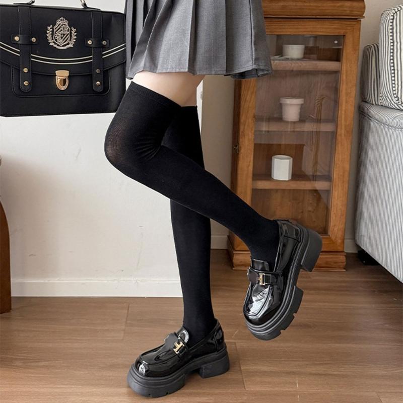 Women Solid Color Ribbed Cuffs Thigh High Stockings Japanese Preppy Students Stretchy Over The Knee Long Boot Socks