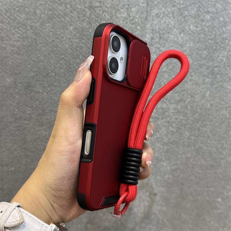 Slide Camera Lens Protection Wrist Strap Cord Case For iPhone 17 11 12 13 14 15 16 Pro Max Plus Shockproof Bumper Armor Cove