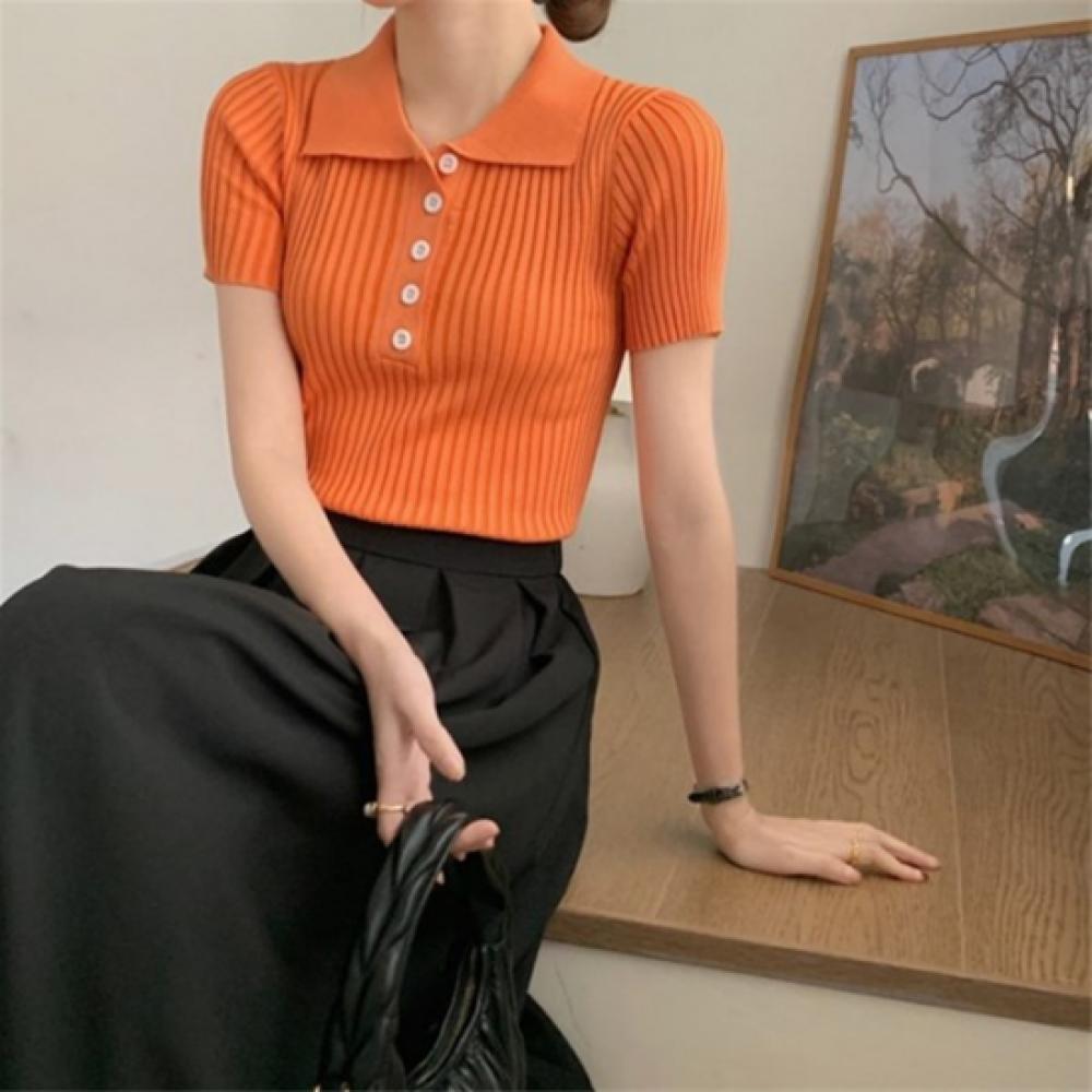 New ArrivalS Open Run Women Multi Color Rib Slim Fit Collar Neck Button Short S