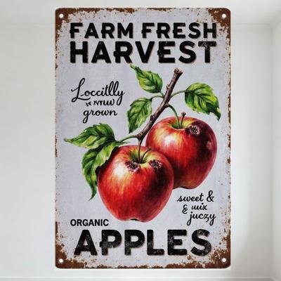 Vintage Farm Fresh Harvest Metal Tin Sign Rustic Locally Grown Sweet & Juicy Organic Apples Wall Decor for Home Bar Cafe Restaur