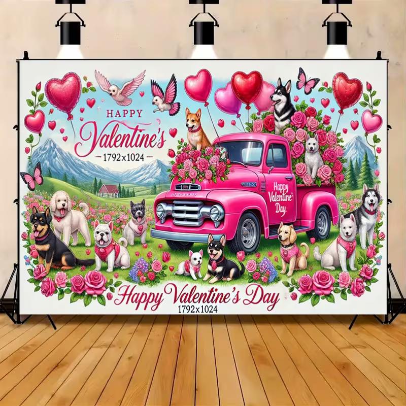 2D Pink Truck Rose Puppy Backdrop Valentine Shoot Banner