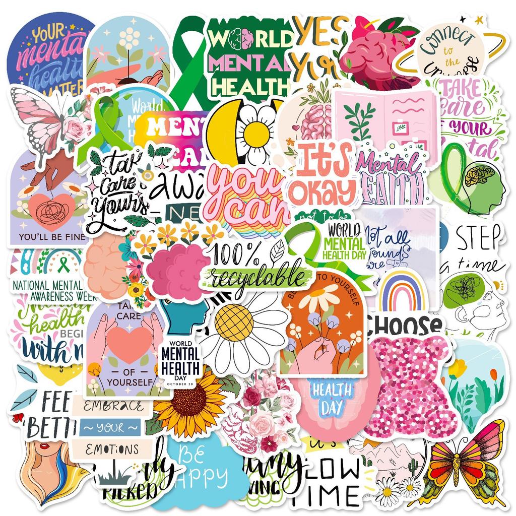 50 Mental Health Stickers Small Fresh Cartoon English Short Skateboard Water Cup Waterproof Decoration Stickers