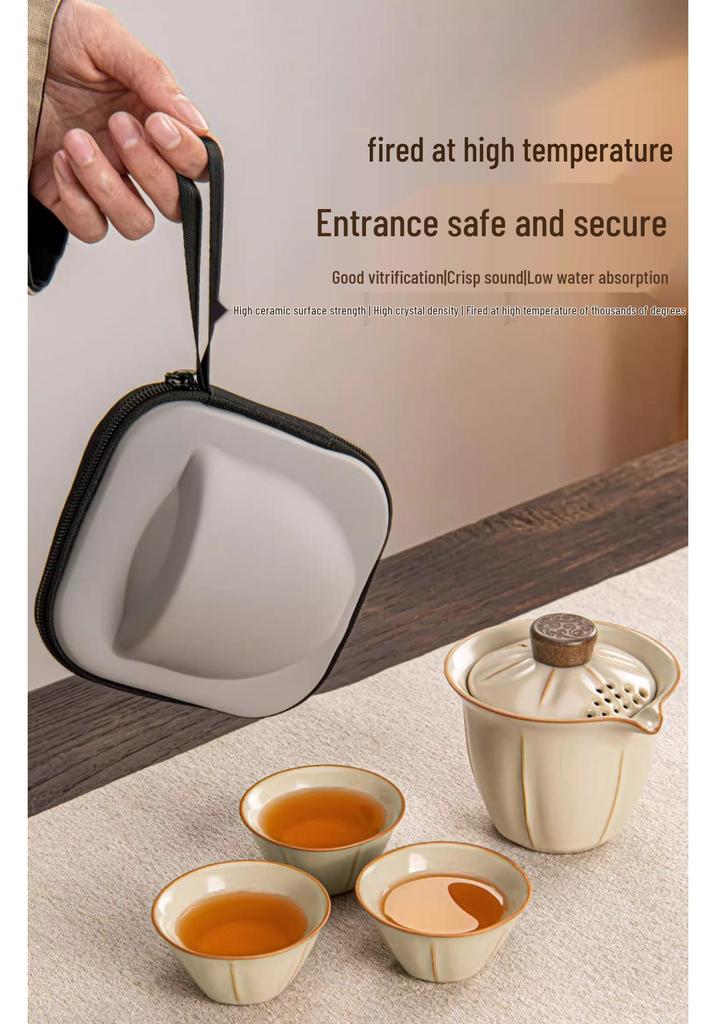 Ru Kiln Portable Tea Set with Three Cups - Ideal for Travel, Home, or Corporate Gifts