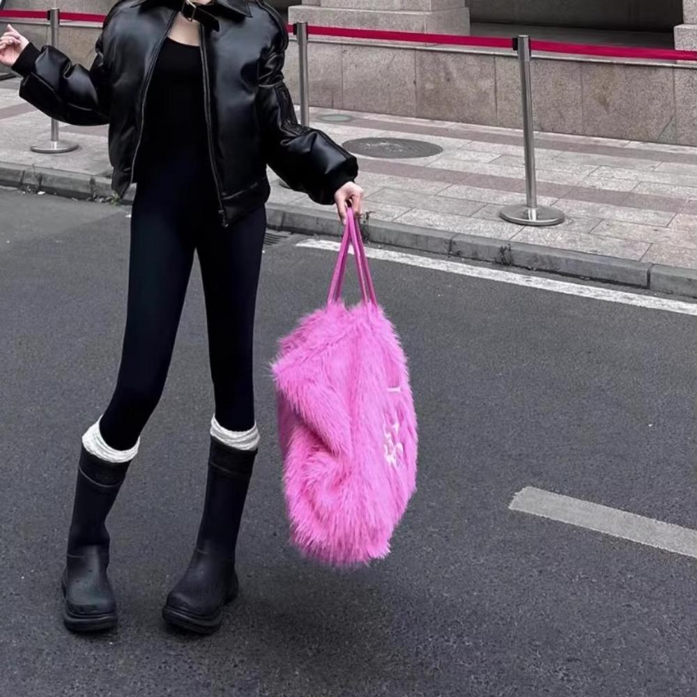 2025 autumn European and American fashion hand bag portable shoulder tote bag pink embroidered plush hand bag