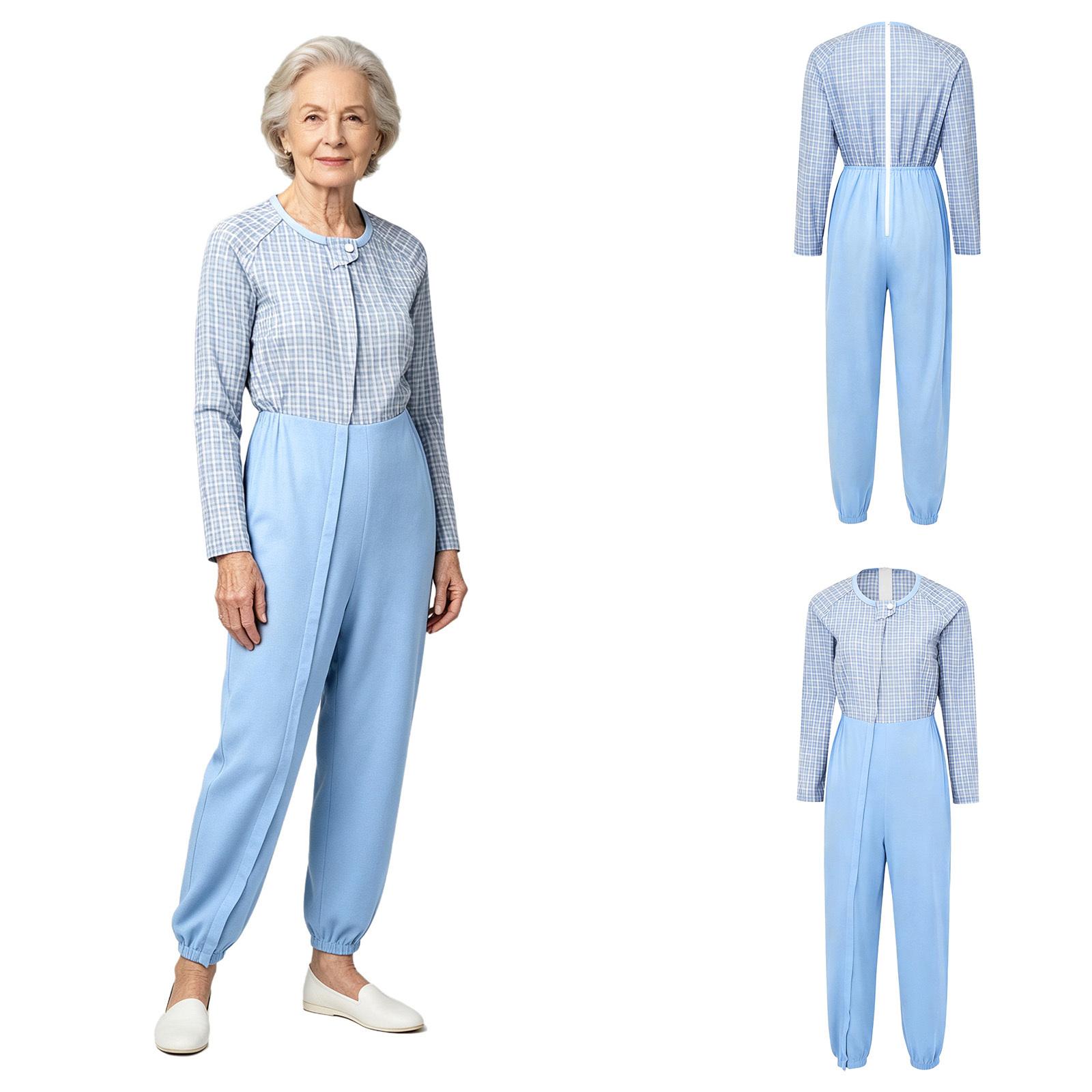 Demenz Ältere Adaptive Bodysuit Langarm Kariert Patchwork Overall mit verdecktem Reißverschluss vorne und hinten für besondere Bedürfnisse XL blau
