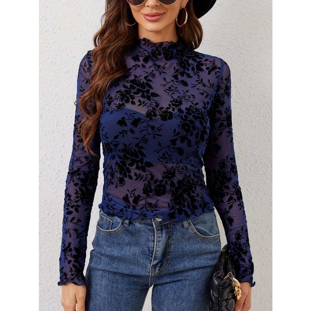 Lente Zomer Nieuw Dames Doorzichtig Sexy Slim Fit Lange Mouw Bedrukt Kant T-shirt