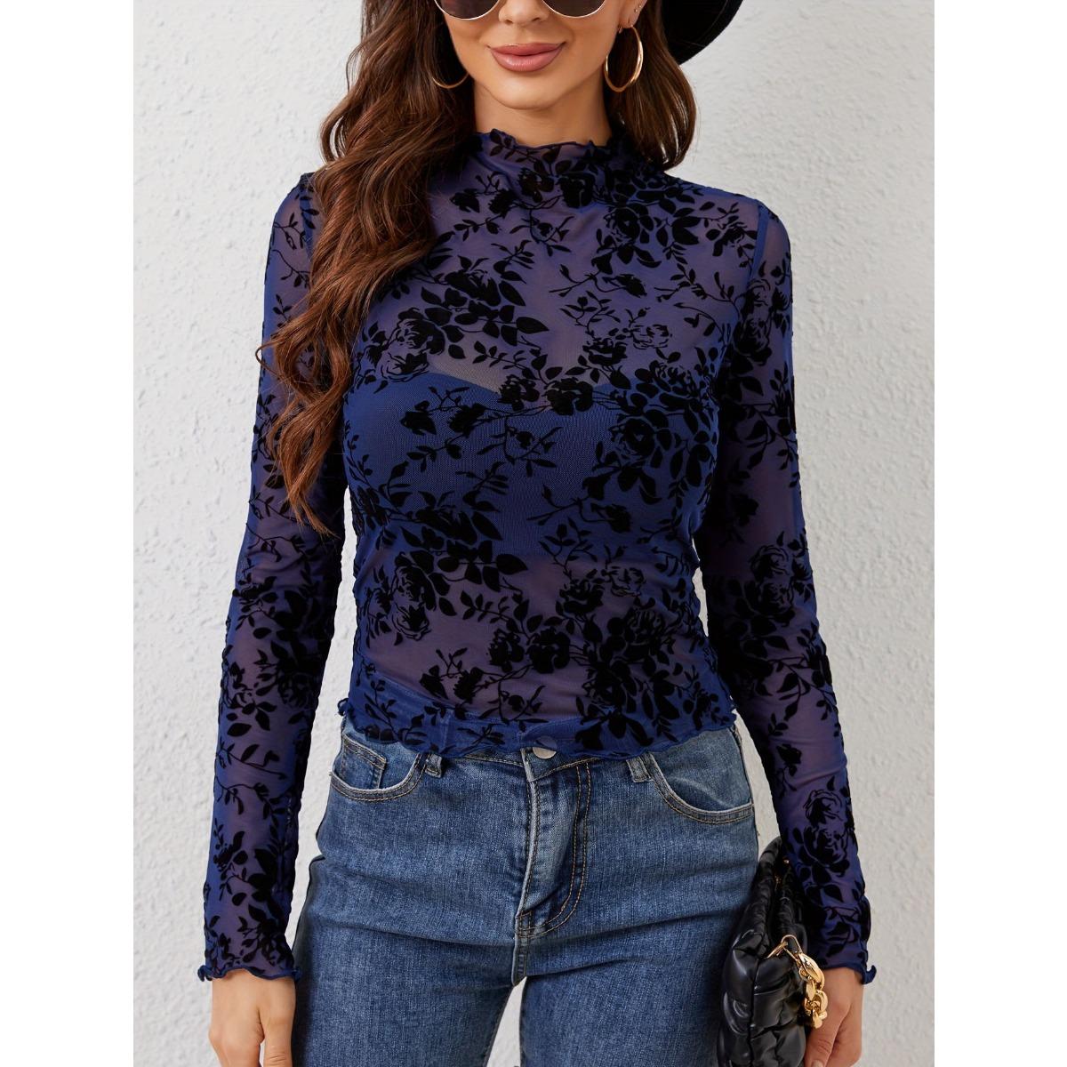 

Spring Summer New Women s Sheer Printed Sexy Slim Fit Long Sleeve Lace T-shirt XXL