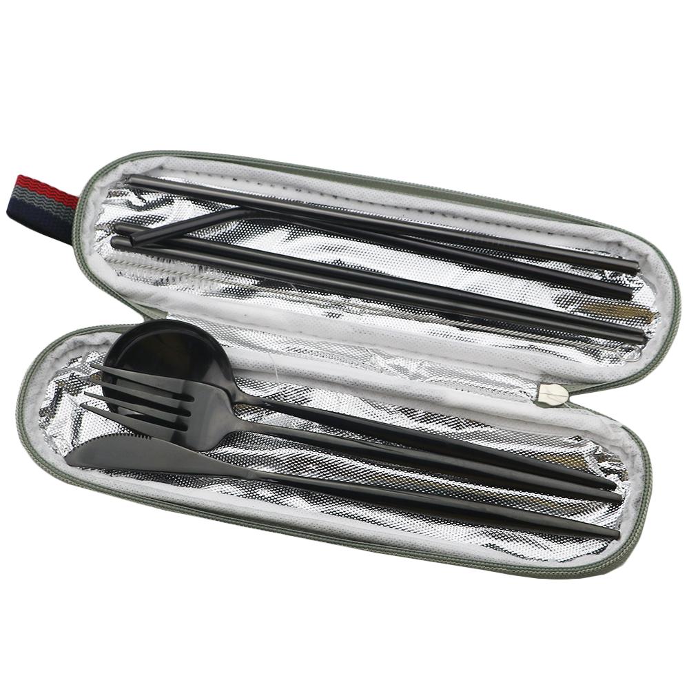 Přenosný lesklý černý cestovní sada nádobí Sada příborů z nerezové oceli Nůž Vidlička Lžíce s hůlkami Sada příborů brčka