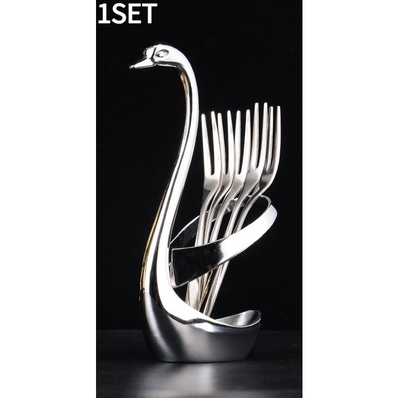 1SET 304 Stainless Steel Fruit Fork Cake Mooncake Fork Stick Dessert Coffee Spoon Base Swan Seat Combination Tableware Set