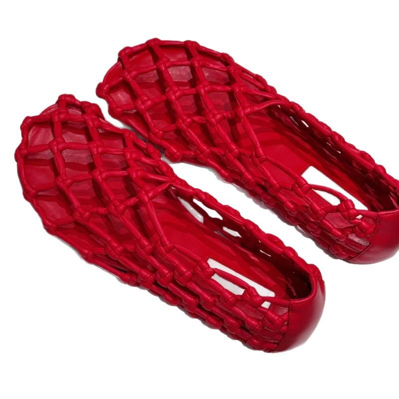 Sheepskin Version~ French Woven Mesh Hollow Flat Bottom Round Head Summer Sandals Fashion Pig Cage Shoes Red
