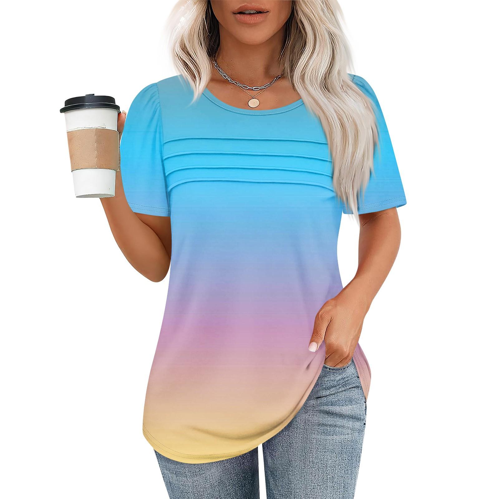 

Футболки для жінок плісировані з круглим вирізом Одягнені повсякденні блузки з принтом з короткими рукавами Літні топи вільного крою XXXL