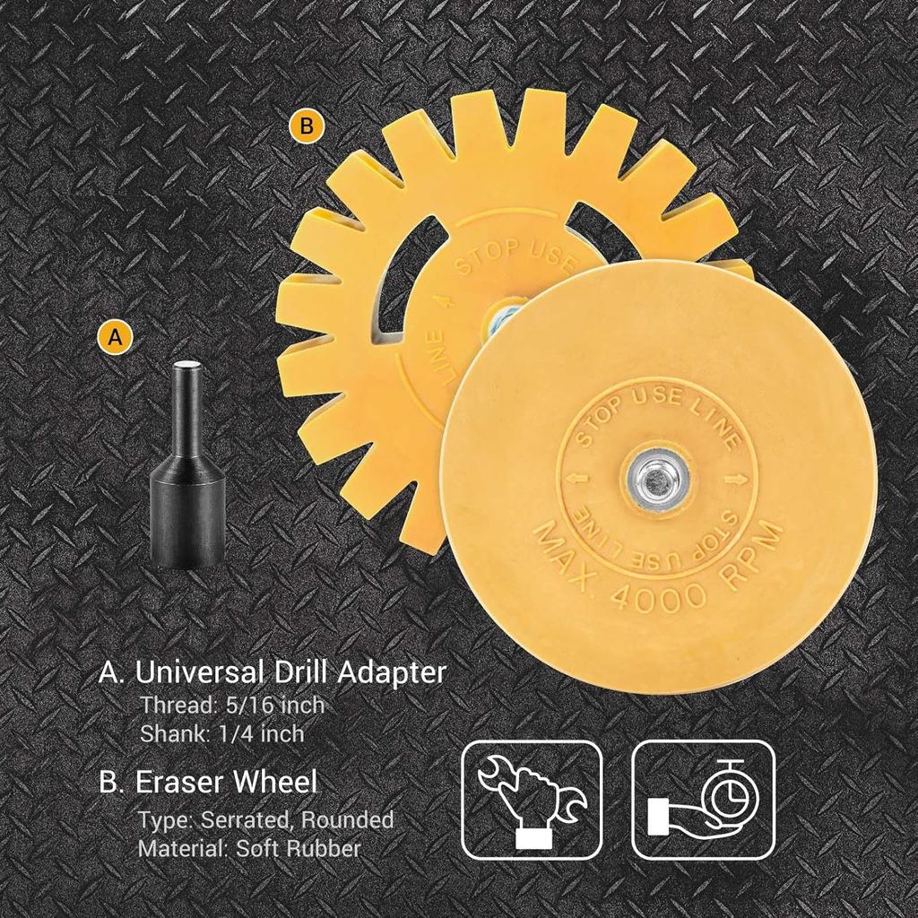 EWK 2 Pcs Serrated + Round Decal Eraser Wheel, Rubber Remover Wheel for Grinder, Ideal for Adhesives, Ptripes, and Decals Removal