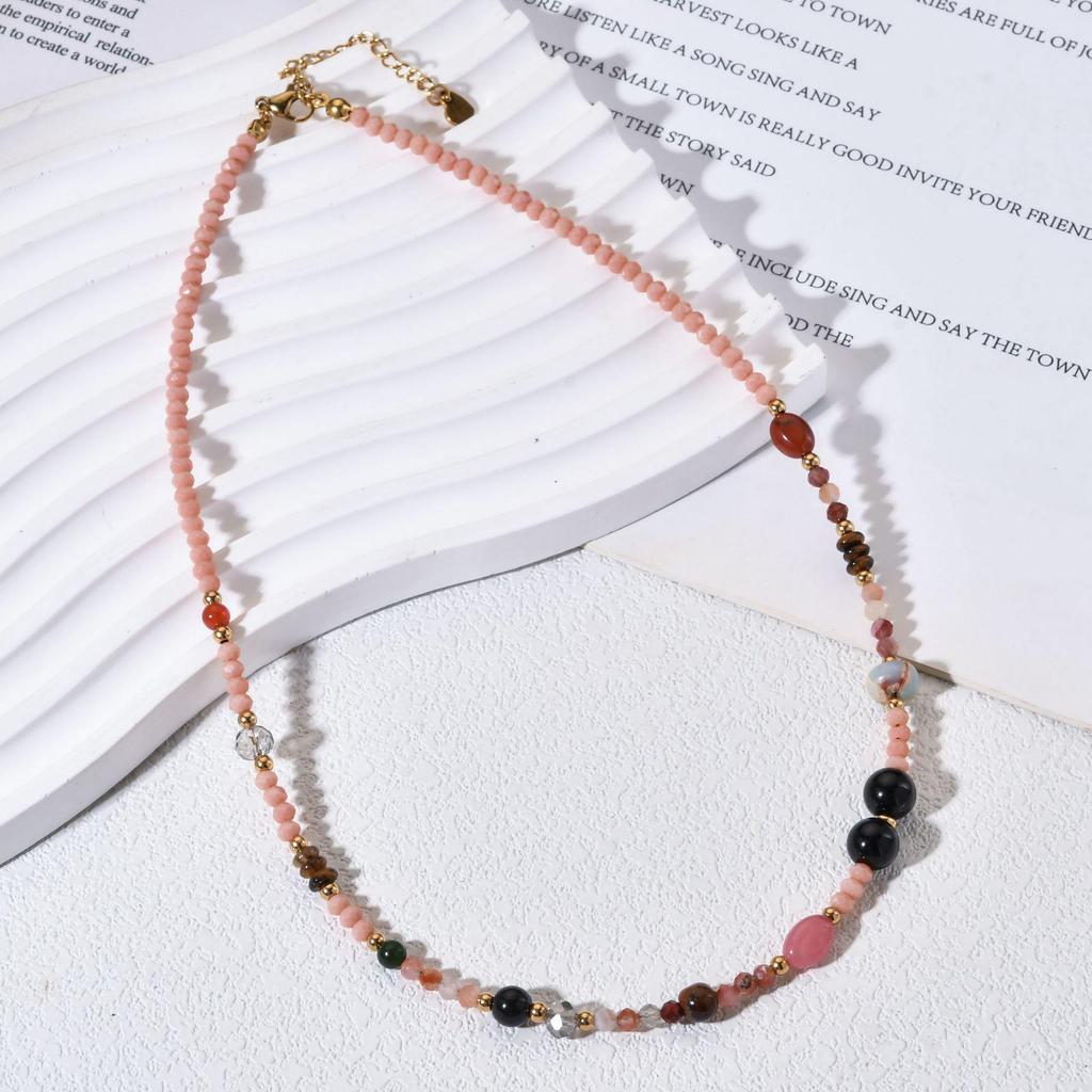 Women's Luxurious Pink Crystal Beads & Natural Stone Clavicle Necklace