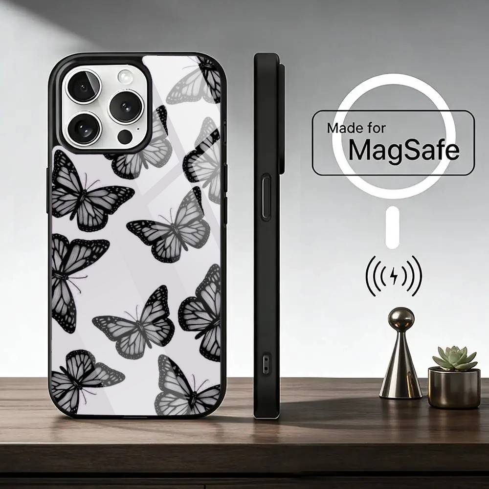 Retro Art Schwarzer B-Schmetterling Handyhülle für iPhone 17, 16, 15, 14, 13, 12, 11 Plus, Pro Magnetisch mit Magsafe Kabelloses Laden