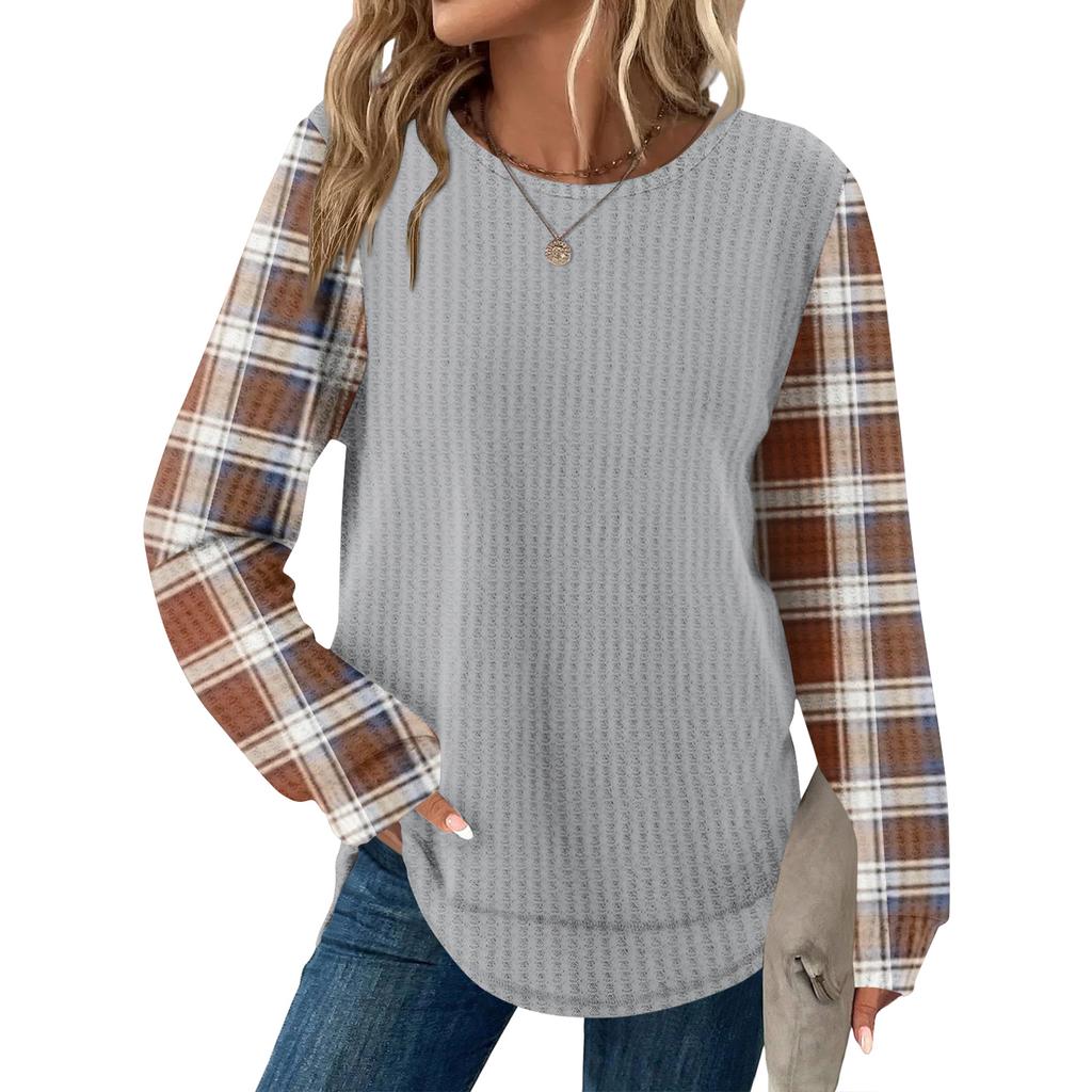 Women's Plaid Print Round Neck Long Sleeve Casual Loose Top