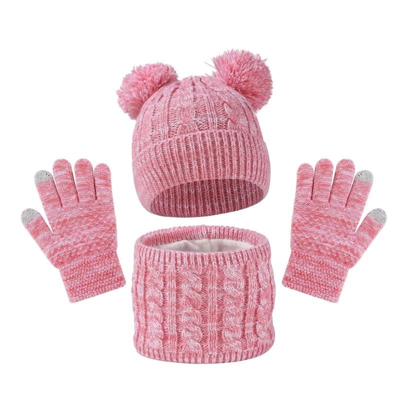 Winter Warm Kids Hat Scarf Gloves Set Thickened Knit Pom 3 In 1 Sets Children Windproof Warmer Neck Protection For Outside