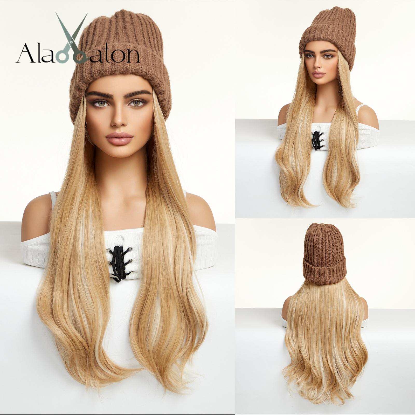 

ALAN EATON Hat Wigs Cap with Hair Straight Natural Black Color Connect Winter Knitted Beanie Synthetic Hair Women Daily Party High Temperature
