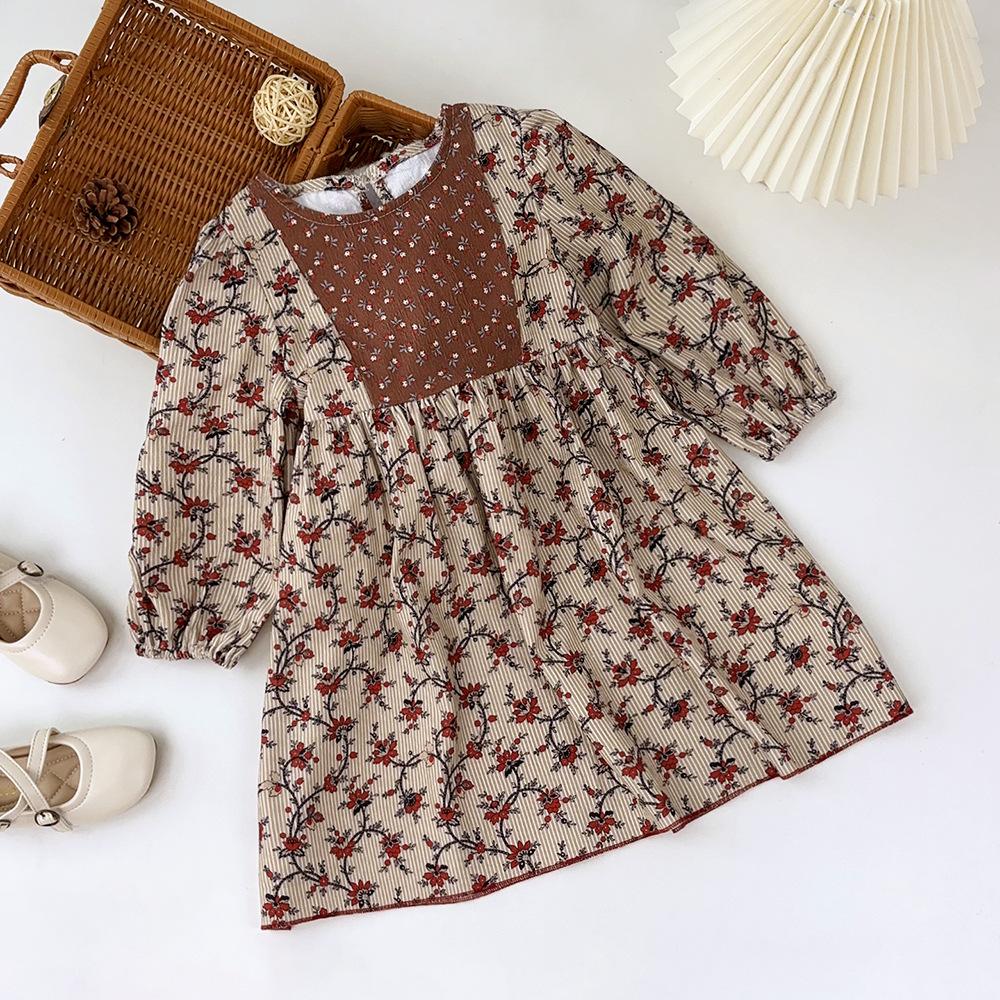 Autumn Girls Floral Dress Ethnic Patchwork Mori Girl Long Sleeve Cotton Dress For Kids Casual Party Wear
