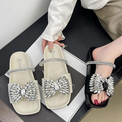 2025 neue europäische flache Schleife Strass Hausschuhe Damen Kreuz mit Satin offene Zehen Mode Außenhausschuhe