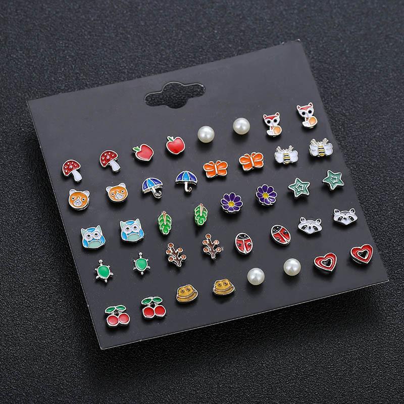 Korean version of versatile animal fruit combination set cute stud earrings female niche simple high-end rose flower earrings
