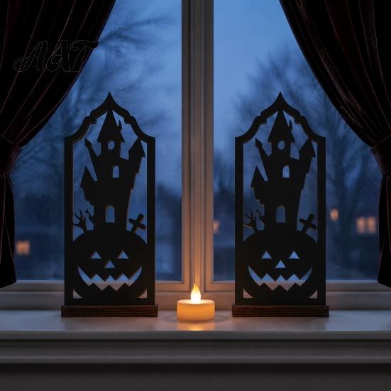 Halloween Table Centerpiece Candle Holder, Gothic Hollow Silhouette Holder for Tea Lights, Dark Bat Shaped Light Style Pumpkin Ghost Cat Tabletop