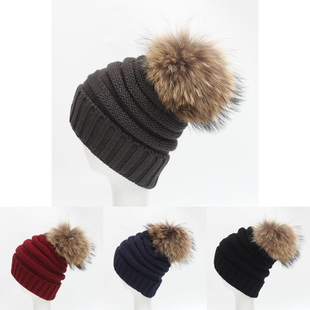 Women Knitted Stripe Hairball Hat Thickened Design Outdoors Keep Warm Gifts