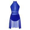 Womens Lyrical Dance Performance Costume Glittery Rhinestone Backless Dress Mock Neck Sleeveless Mesh Leotard Dresses