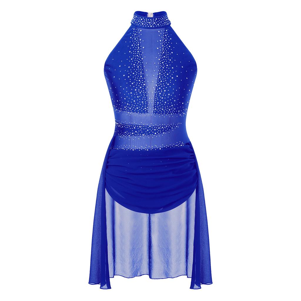 Womens Lyrical Dance Performance Costume Glittery Rhinestone Backless Dress Mock Neck Sleeveless Mesh Leotard Dresses