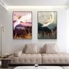 Alpine Flying Crane Abstract Posters and Prints Japanese Style Landscape Wall Art Canvas Painting Sun Bird Line Pictures Decor