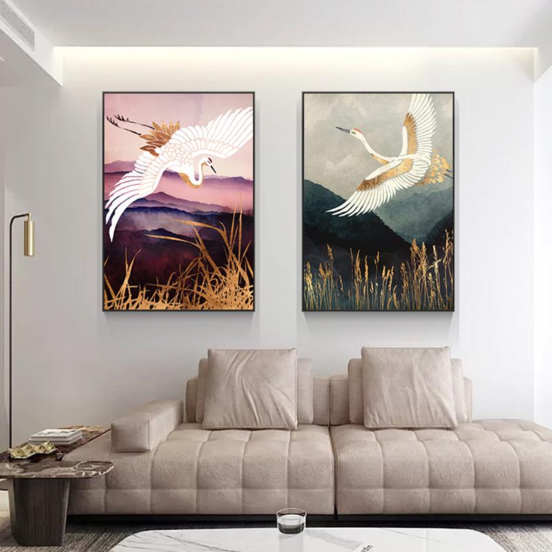 Alpine Flying Crane Abstract Posters and Prints Japanese Style Landscape Wall Art Canvas Painting Sun Bird Line Pictures Decor