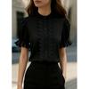 2026 New Summer Stand Collar Lace Patchwork Puff Sleeve Short Sleeve Shirt for Women
