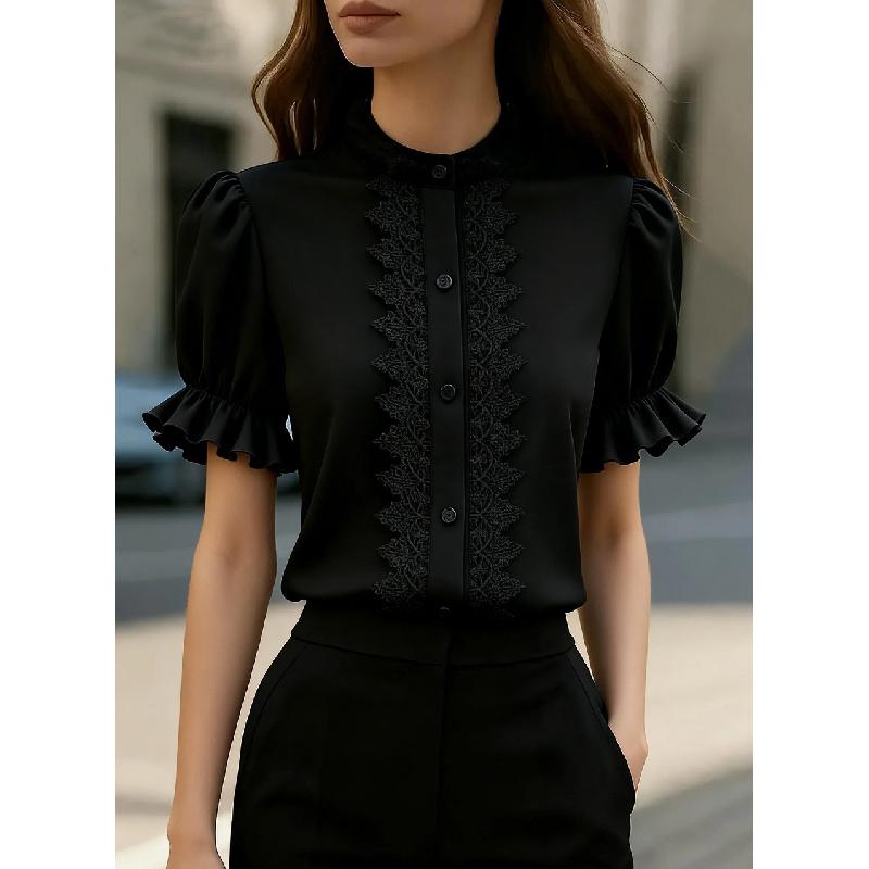 2026 New Summer Stand Collar Lace Patchwork Puff Sleeve Short Sleeve Shirt for Women