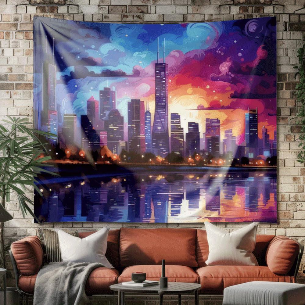 Nighttime Cityscape Digital Printing Polyester Wall Tapestry Suitable for Use In Living Rooms Bedrooms Offices Bars and Party